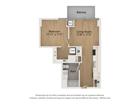 Floor plan for 1 bed, 1 bath, 631 sqft